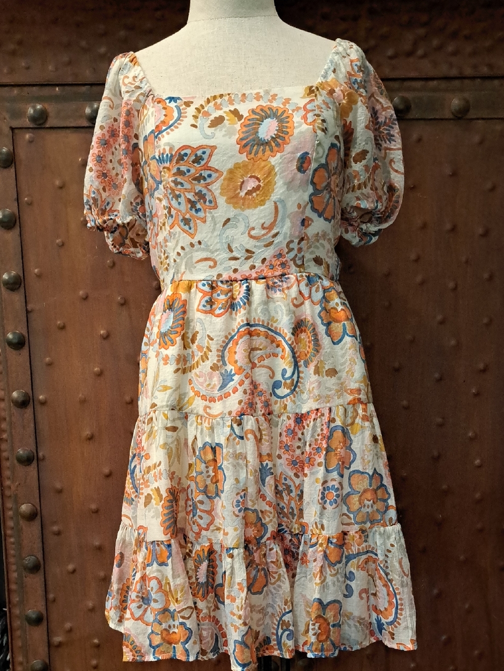 NWOT 1. State Cream Mini Dress with Vibrant Orange/Blue/Pink Floral Print. Sz. S